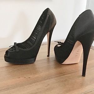 Casadei BLk Micro Pleat Silk Peep Toe Pumps  9.5
